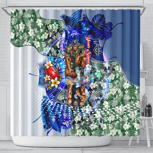 Personalized Carlton Football Blues Shower Curtain Tropical Hibiscus Flowers - Pacific Fusion Style