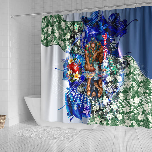 Personalized Carlton Football Blues Shower Curtain Tropical Hibiscus Flowers - Pacific Fusion Style