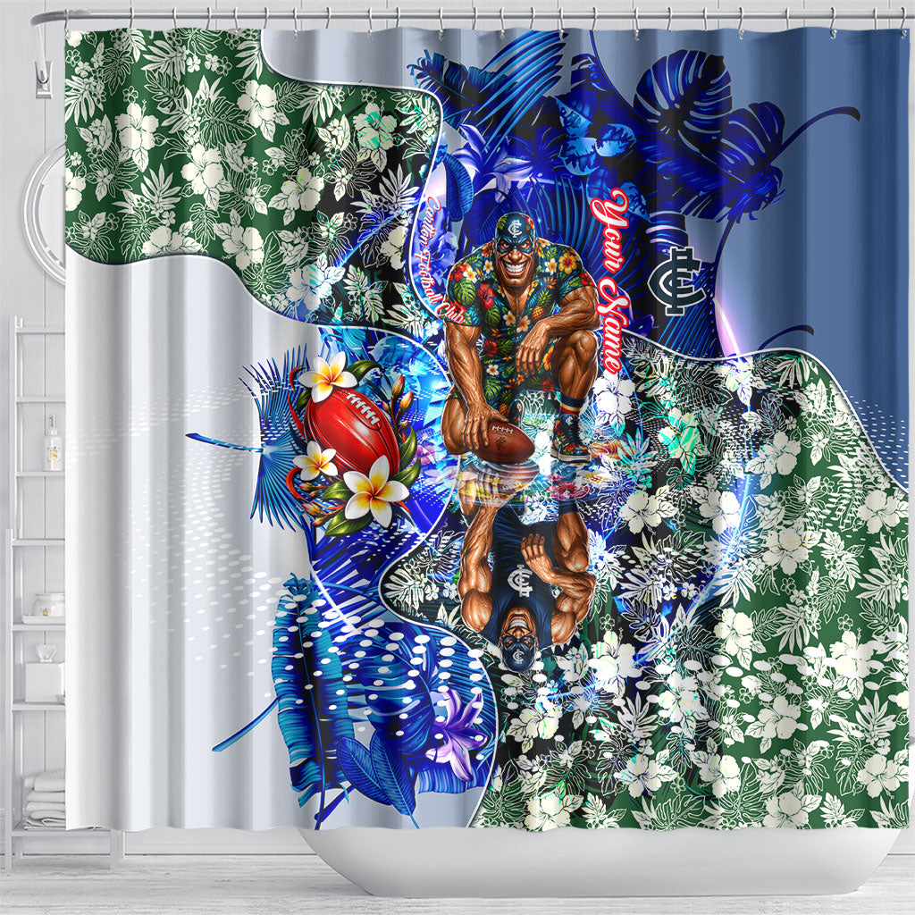 Personalized Carlton Football Blues Shower Curtain Tropical Hibiscus Flowers - Pacific Fusion Style