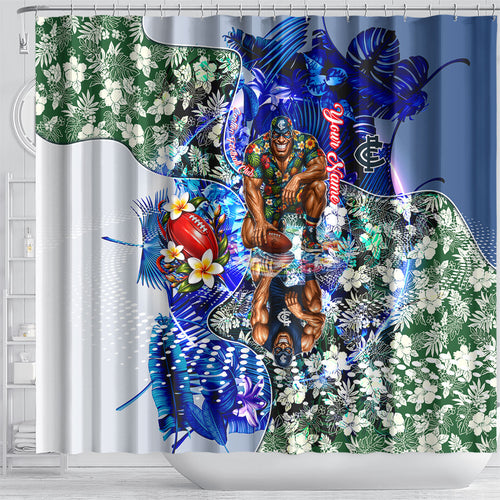 Personalized Carlton Football Blues Shower Curtain Tropical Hibiscus Flowers - Pacific Fusion Style