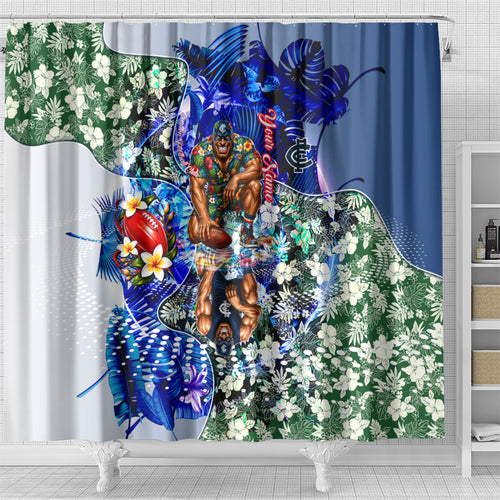Personalized Carlton Football Blues Shower Curtain Tropical Hibiscus Flowers - Pacific Fusion Style
