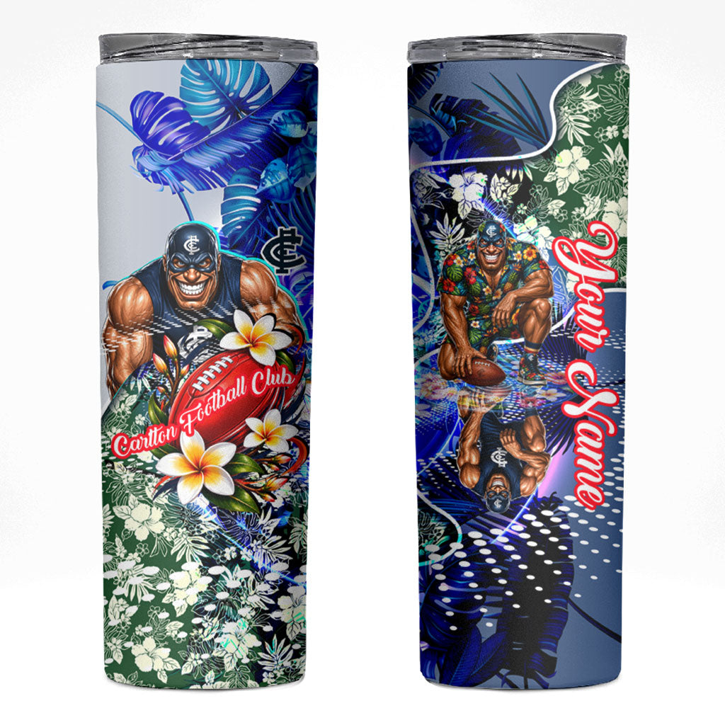Personalized Carlton Football Blues Skinny Tumbler Tropical Hibiscus Flowers - Pacific Fusion Style