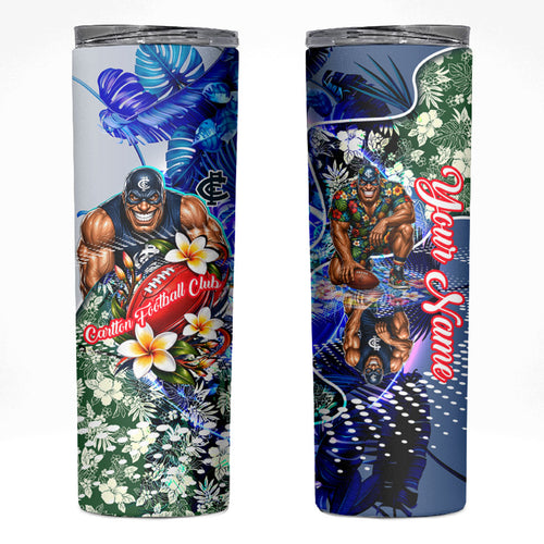 Personalized Carlton Football Blues Skinny Tumbler Tropical Hibiscus Flowers - Pacific Fusion Style
