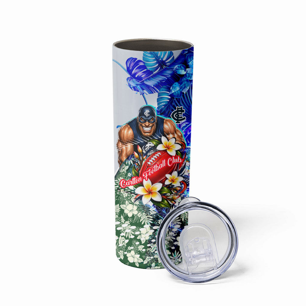 Personalized Carlton Football Blues Skinny Tumbler Tropical Hibiscus Flowers - Pacific Fusion Style