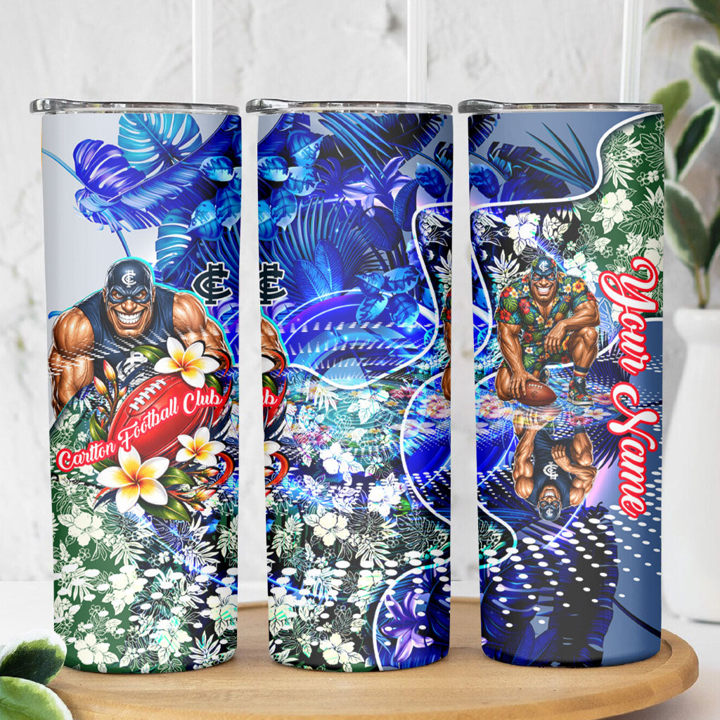 Personalized Carlton Football Blues Skinny Tumbler Tropical Hibiscus Flowers - Pacific Fusion Style
