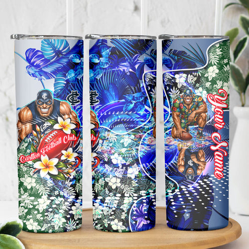 Personalized Carlton Football Blues Skinny Tumbler Tropical Hibiscus Flowers - Pacific Fusion Style