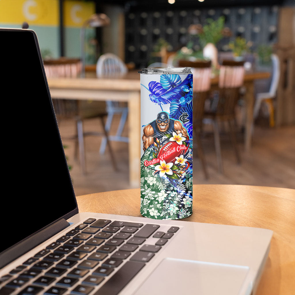 Personalized Carlton Football Blues Skinny Tumbler Tropical Hibiscus Flowers - Pacific Fusion Style