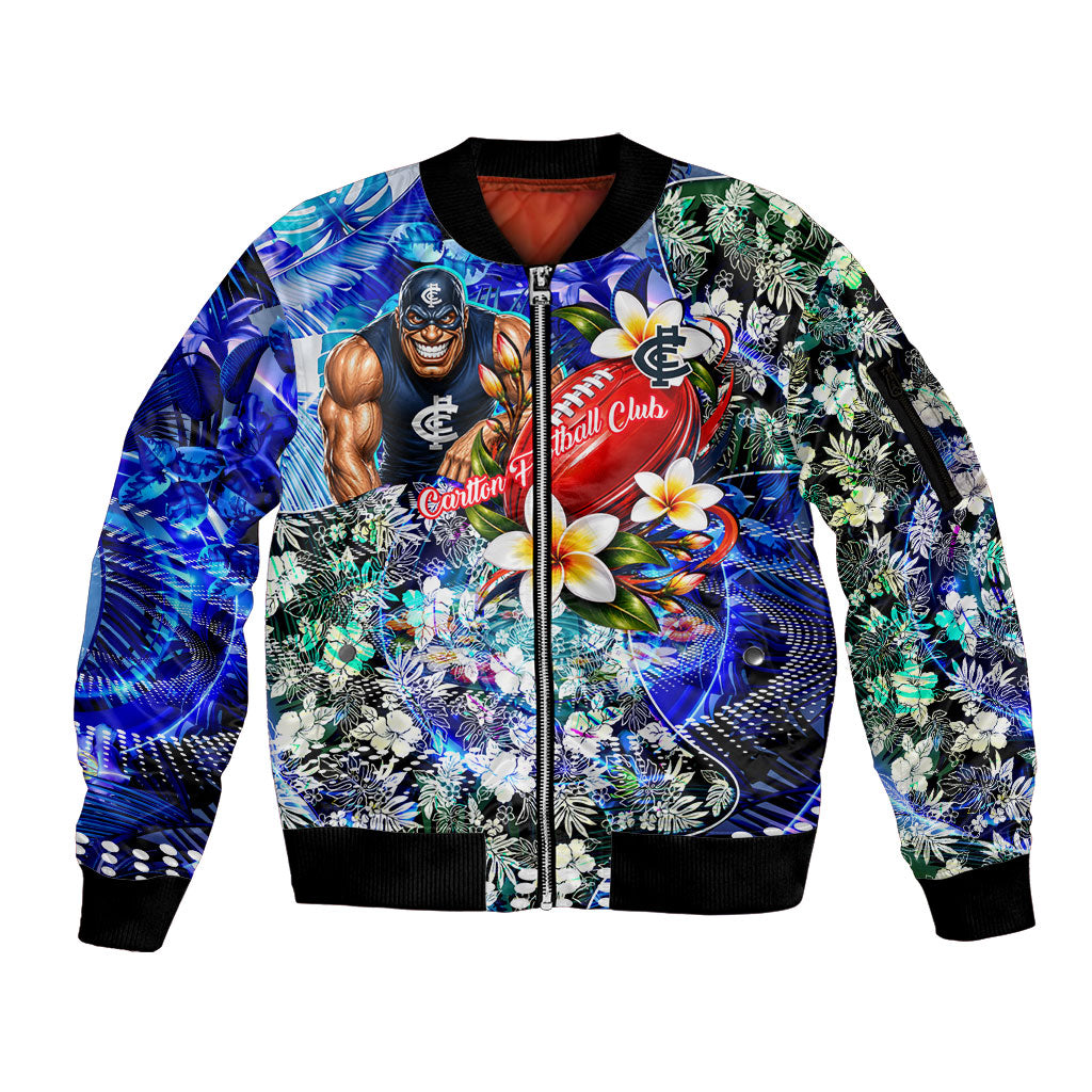 Personalized Carlton Football Blues Sleeve Zip Bomber Jacket Tropical Hibiscus Flowers - Pacific Fusion Style
