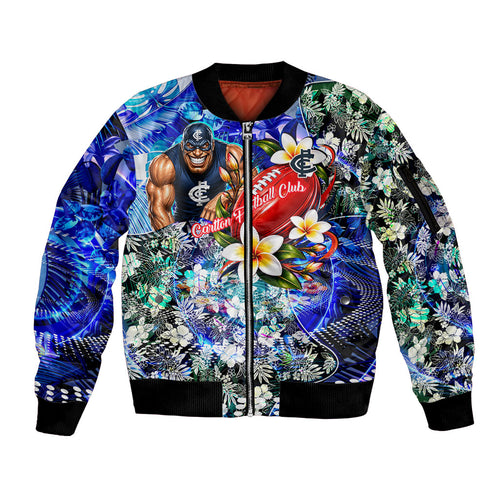Personalized Carlton Football Blues Sleeve Zip Bomber Jacket Tropical Hibiscus Flowers - Pacific Fusion Style