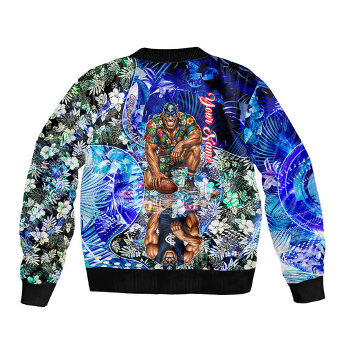 Personalized Carlton Football Blues Sleeve Zip Bomber Jacket Tropical Hibiscus Flowers - Pacific Fusion Style