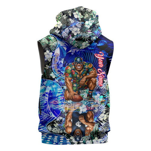 Personalized Carlton Football Blues Sleeveless Hoodie Tropical Hibiscus Flowers - Pacific Fusion Style