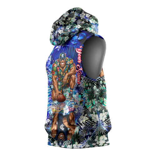 Personalized Carlton Football Blues Sleeveless Hoodie Tropical Hibiscus Flowers - Pacific Fusion Style