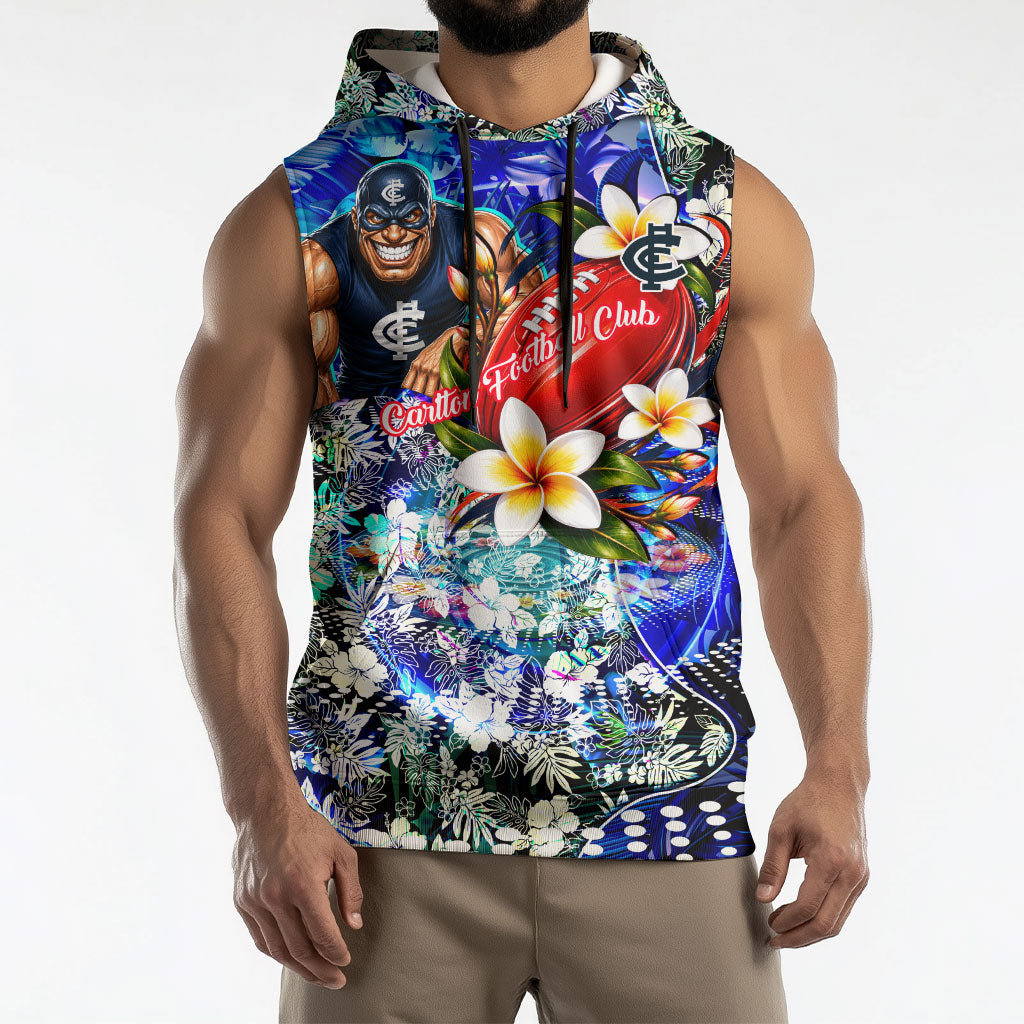 Personalized Carlton Football Blues Sleeveless Hoodie Tropical Hibiscus Flowers - Pacific Fusion Style