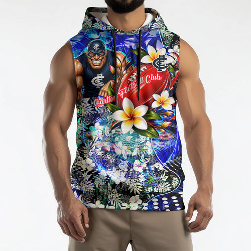 Personalized Carlton Football Blues Sleeveless Hoodie Tropical Hibiscus Flowers - Pacific Fusion Style