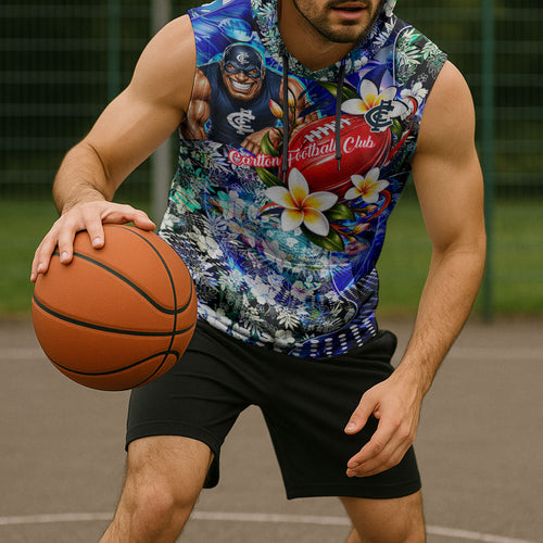 Personalized Carlton Football Blues Sleeveless Hoodie Tropical Hibiscus Flowers - Pacific Fusion Style