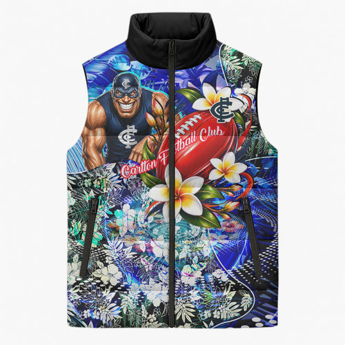 Personalized Carlton Football Blues Sleeveless Puffer Jacket Tropical Hibiscus Flowers - Pacific Fusion Style