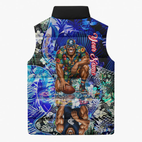 Personalized Carlton Football Blues Sleeveless Puffer Jacket Tropical Hibiscus Flowers - Pacific Fusion Style
