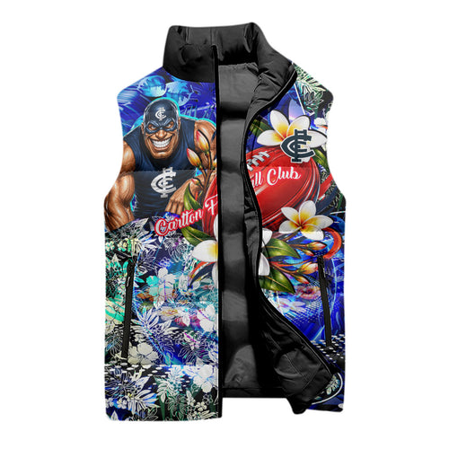 Personalized Carlton Football Blues Sleeveless Puffer Jacket Tropical Hibiscus Flowers - Pacific Fusion Style