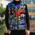 Personalized Carlton Football Blues Sleeveless Puffer Jacket Tropical Hibiscus Flowers - Pacific Fusion Style