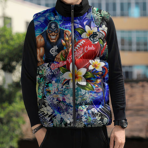 Personalized Carlton Football Blues Sleeveless Puffer Jacket Tropical Hibiscus Flowers - Pacific Fusion Style
