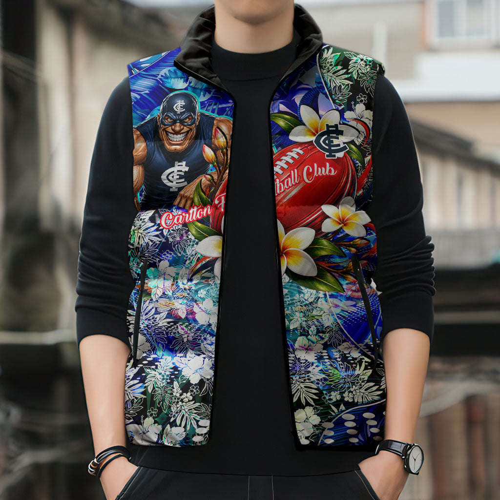 Personalized Carlton Football Blues Sleeveless Puffer Jacket Tropical Hibiscus Flowers - Pacific Fusion Style