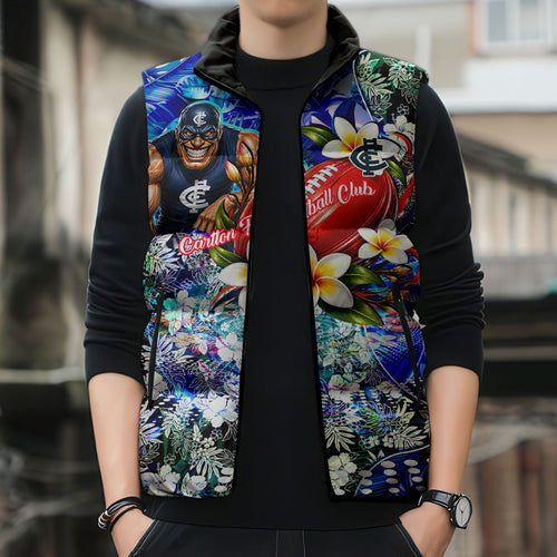 Personalized Carlton Football Blues Sleeveless Puffer Jacket Tropical Hibiscus Flowers - Pacific Fusion Style
