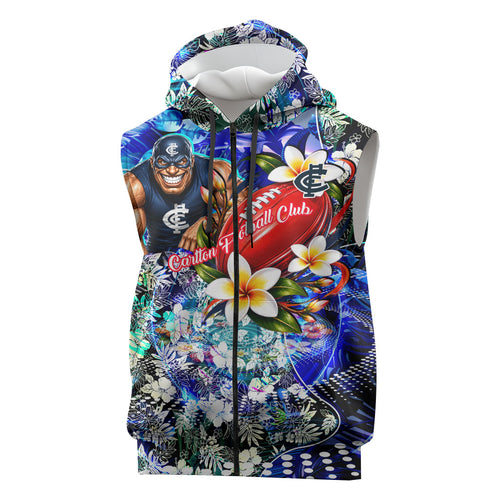 Personalized Carlton Football Blues Sleeveless Zip Hoodie Tropical Hibiscus Flowers - Pacific Fusion Style