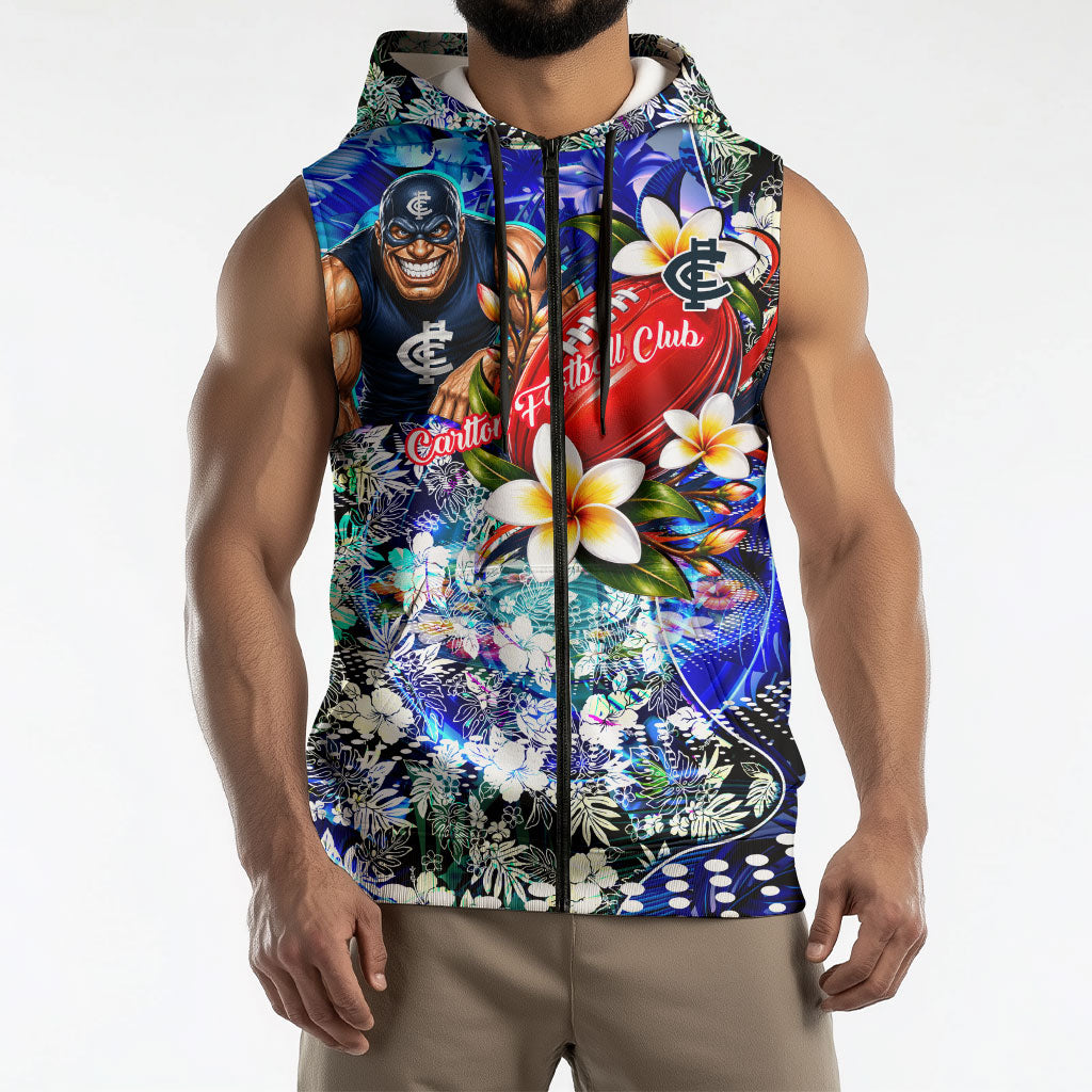 Personalized Carlton Football Blues Sleeveless Zip Hoodie Tropical Hibiscus Flowers - Pacific Fusion Style