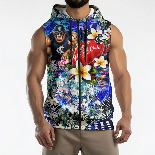 Personalized Carlton Football Blues Sleeveless Zip Hoodie Tropical Hibiscus Flowers - Pacific Fusion Style