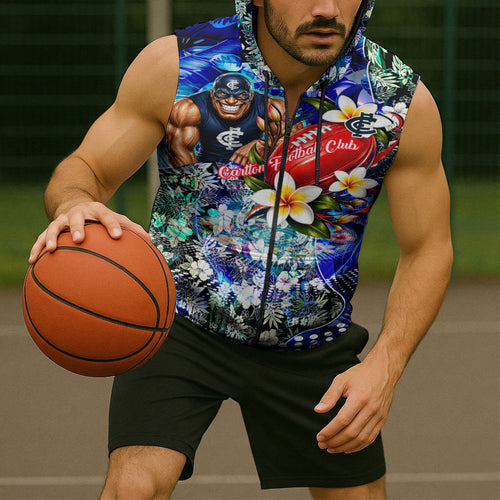 Personalized Carlton Football Blues Sleeveless Zip Hoodie Tropical Hibiscus Flowers - Pacific Fusion Style