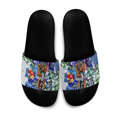 Personalized Carlton Football Blues Slide Sandals Tropical Hibiscus Flowers - Pacific Fusion Style