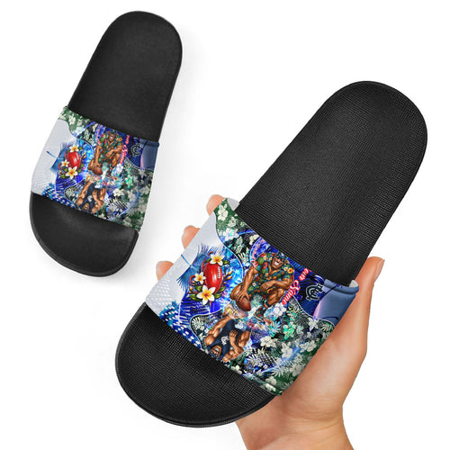 Personalized Carlton Football Blues Slide Sandals Tropical Hibiscus Flowers - Pacific Fusion Style
