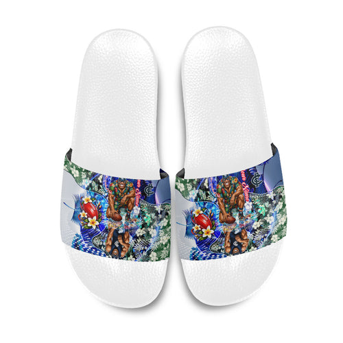 Personalized Carlton Football Blues Slide Sandals Tropical Hibiscus Flowers - Pacific Fusion Style