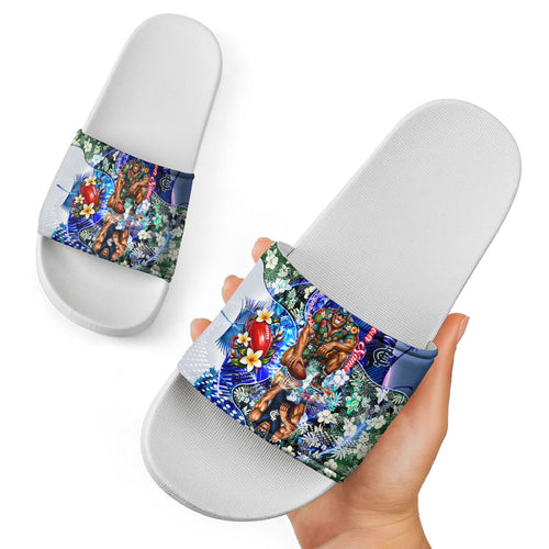 Personalized Carlton Football Blues Slide Sandals Tropical Hibiscus Flowers - Pacific Fusion Style