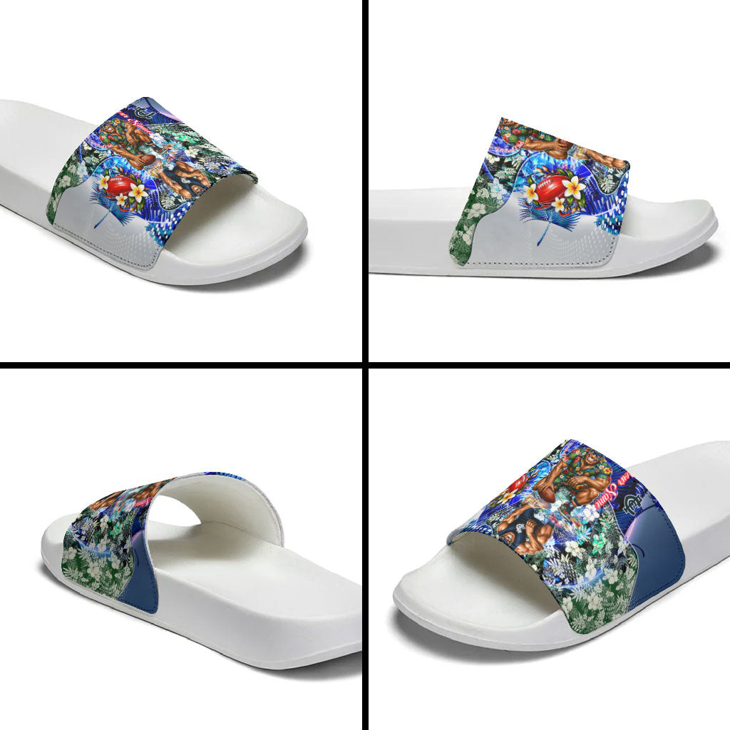 Personalized Carlton Football Blues Slide Sandals Tropical Hibiscus Flowers - Pacific Fusion Style