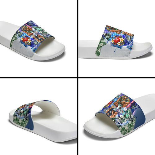 Personalized Carlton Football Blues Slide Sandals Tropical Hibiscus Flowers - Pacific Fusion Style