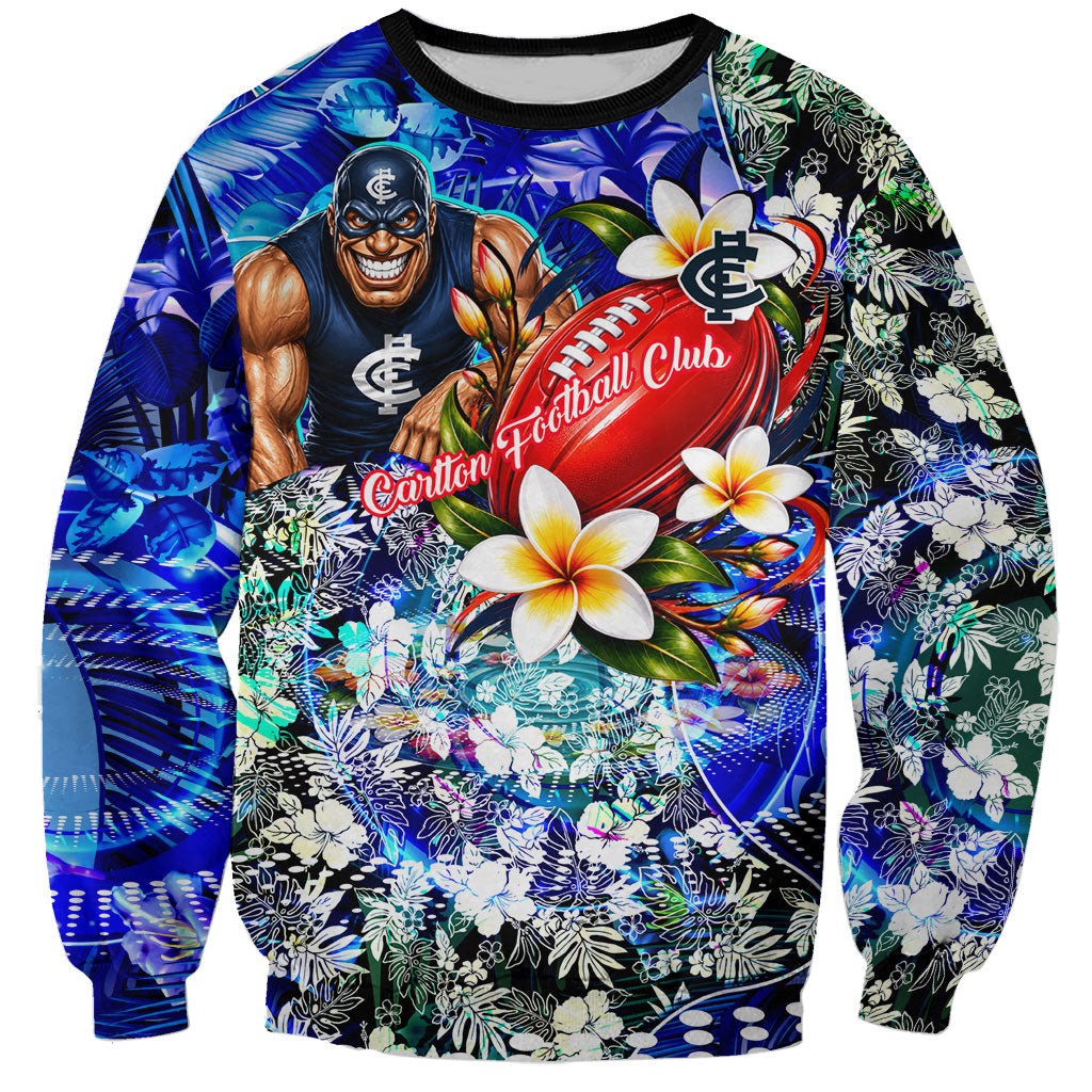 Personalized Carlton Football Blues Sweatshirt Tropical Hibiscus Flowers - Pacific Fusion Style