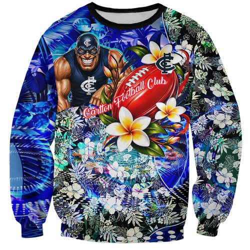 Personalized Carlton Football Blues Sweatshirt Tropical Hibiscus Flowers - Pacific Fusion Style