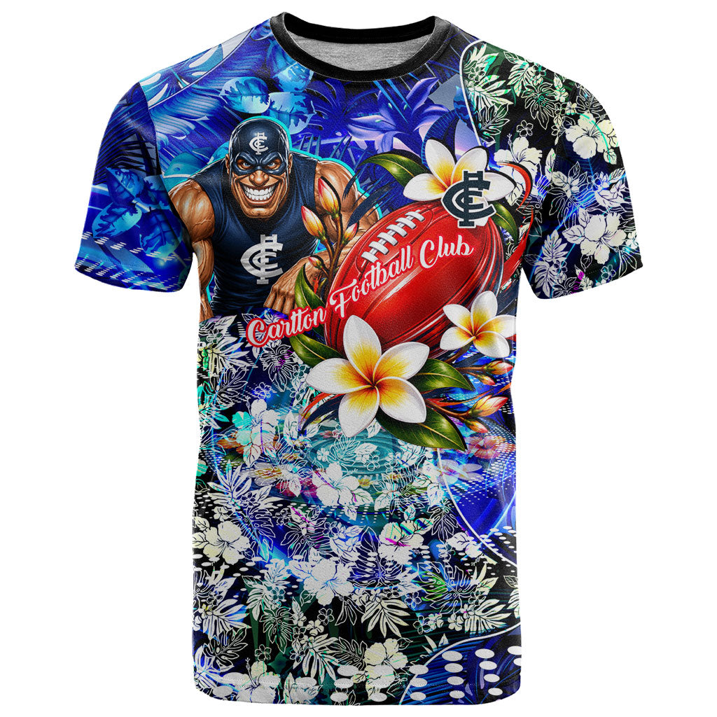 Personalized Carlton Football Blues T Shirt Tropical Hibiscus Flowers - Pacific Fusion Style
