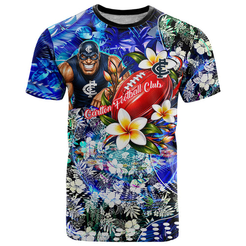 Personalized Carlton Football Blues T Shirt Tropical Hibiscus Flowers - Pacific Fusion Style