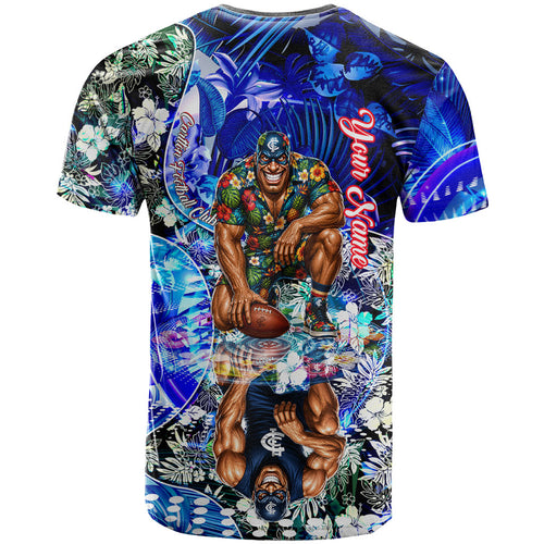 Personalized Carlton Football Blues T Shirt Tropical Hibiscus Flowers - Pacific Fusion Style