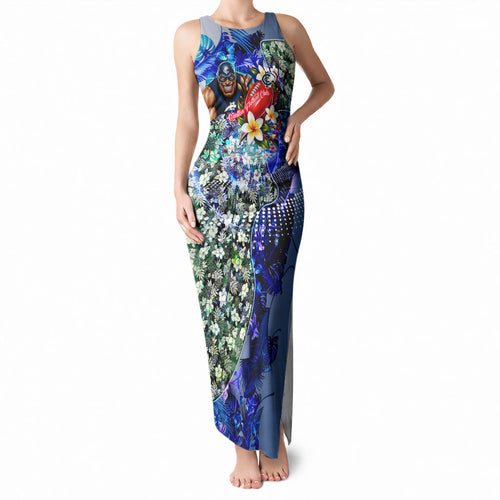 Personalized Carlton Football Blues Tank Maxi Dress Tropical Hibiscus Flowers - Pacific Fusion Style
