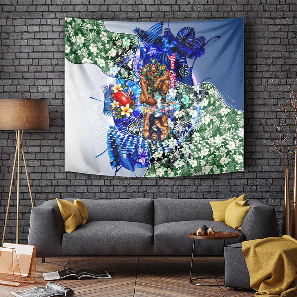 Personalized Carlton Football Blues Tapestry Tropical Hibiscus Flowers - Pacific Fusion Style