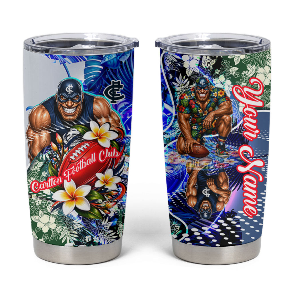 Personalized Carlton Football Blues Tumbler Cup Tropical Hibiscus Flowers - Pacific Fusion Style