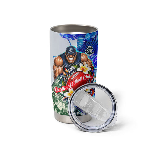 Personalized Carlton Football Blues Tumbler Cup Tropical Hibiscus Flowers - Pacific Fusion Style