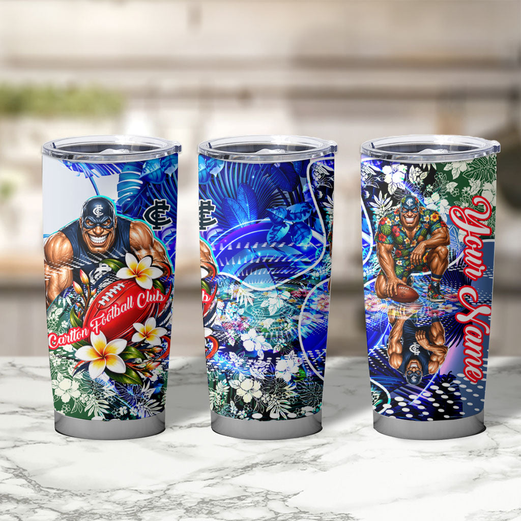 Personalized Carlton Football Blues Tumbler Cup Tropical Hibiscus Flowers - Pacific Fusion Style