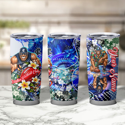 Personalized Carlton Football Blues Tumbler Cup Tropical Hibiscus Flowers - Pacific Fusion Style