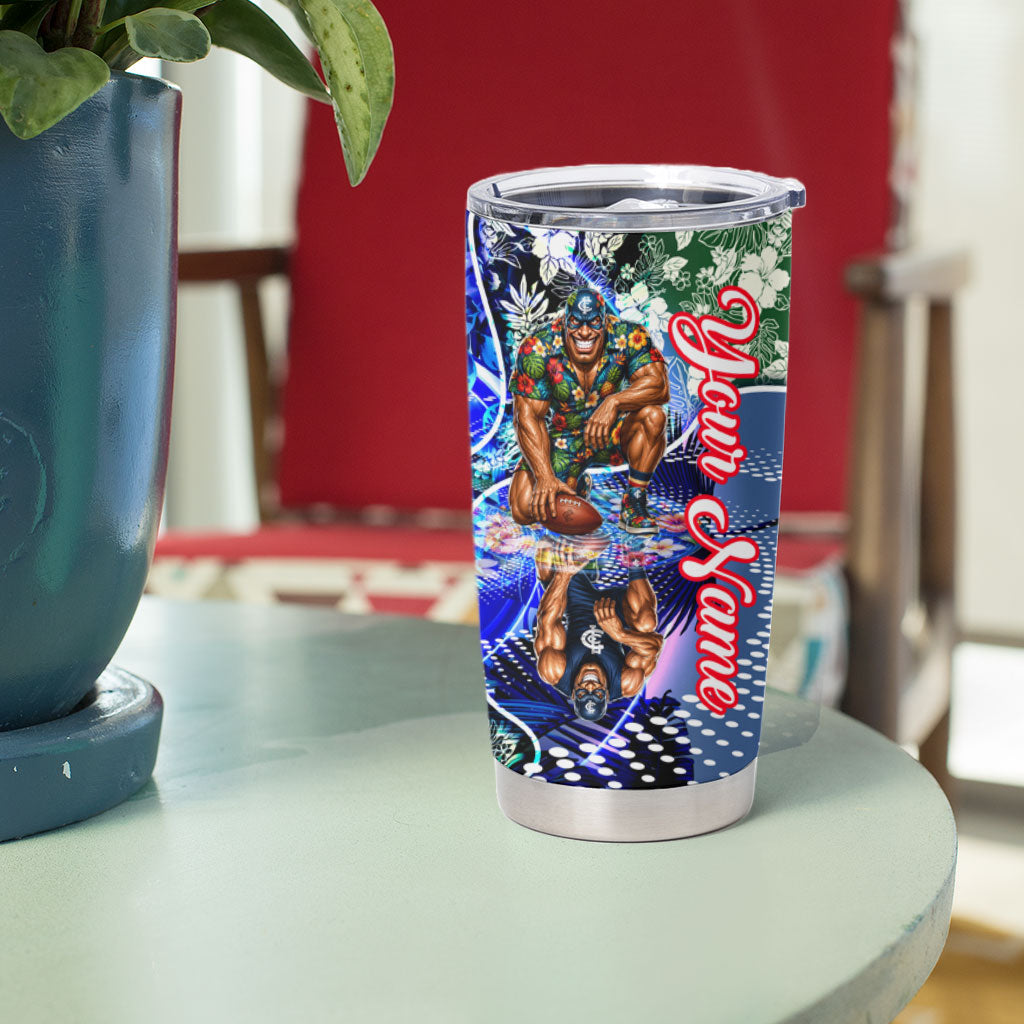 Personalized Carlton Football Blues Tumbler Cup Tropical Hibiscus Flowers - Pacific Fusion Style