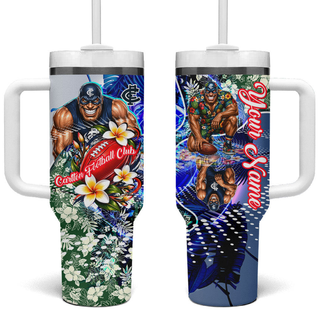 Personalized Carlton Football Blues Tumbler With Handle Tropical Hibiscus Flowers - Pacific Fusion Style