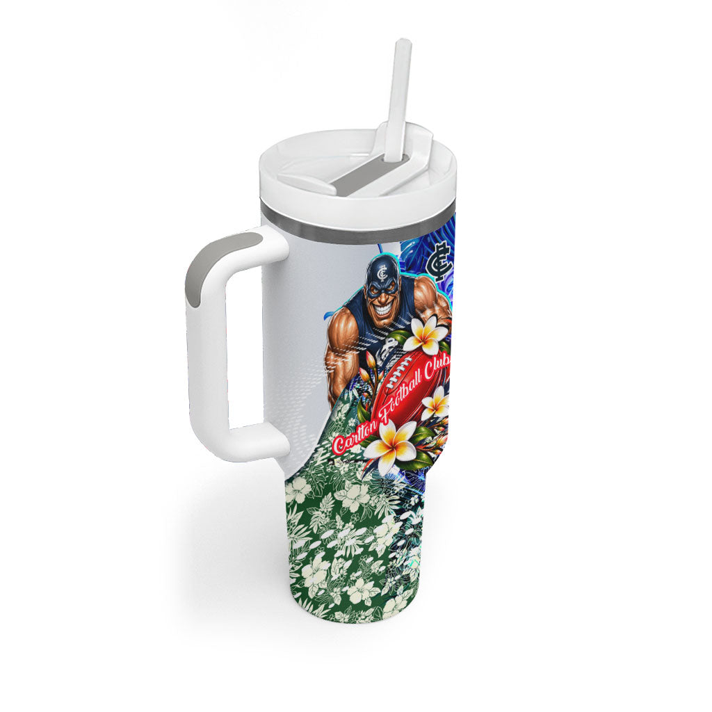 Personalized Carlton Football Blues Tumbler With Handle Tropical Hibiscus Flowers - Pacific Fusion Style